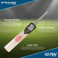 Strauss Grand Cricket Bat | Kashmir Willow | Cricket Bat with Grip for Tournament Match | Standard Leather Ball Bat for Cricket | Size: Short Handle (1150-1250 Grams)