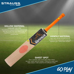 STRAUSS Grand Edition Kashmir Willow Scoop Cricket Bat |Size: Short Handle(SH) |Orange| Suitable for Tennis Ball|Ideal for Boys/Youth/Adults (900-1050 Grams)