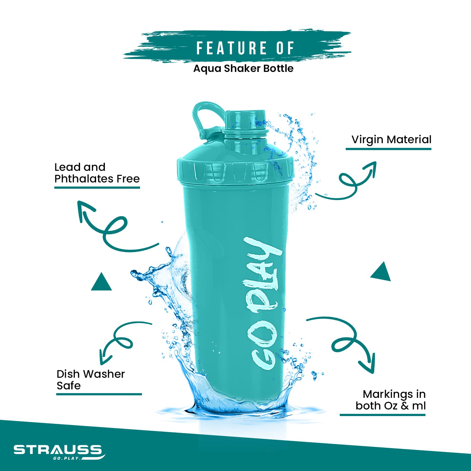 Strauss Aqua Shaker Bottle - Leakproof workout shaker