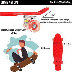 STRAUSS Cruiser PW Skateboard| Penny Skateboard | Casterboard | Hoverboard | Anti-Skid Board with ABEC-7 High Precision Bearings | PU Wheel with LED Light |Ideal for All Skill Level | 22 X 6 Inch,(Red)