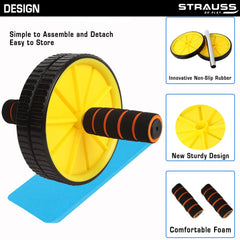 Strauss Double Wheel Ab & Exercise Roller | Anti-Skid Wheel Base, Non-Slip Stainless Steel Handles & Knee Mat | Ideal for Home, Gym workout for Abs, Tummy, (Yellow)