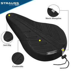 STRAUSS Extra Soft Shock Absorbing Gel Seat Cover with Anti-Slip Granules & Soft, Thick Padding | Superior Comfort, Breathable Design | Comes with Adjustable Rope Straps & Fits All Cycles, (Black)