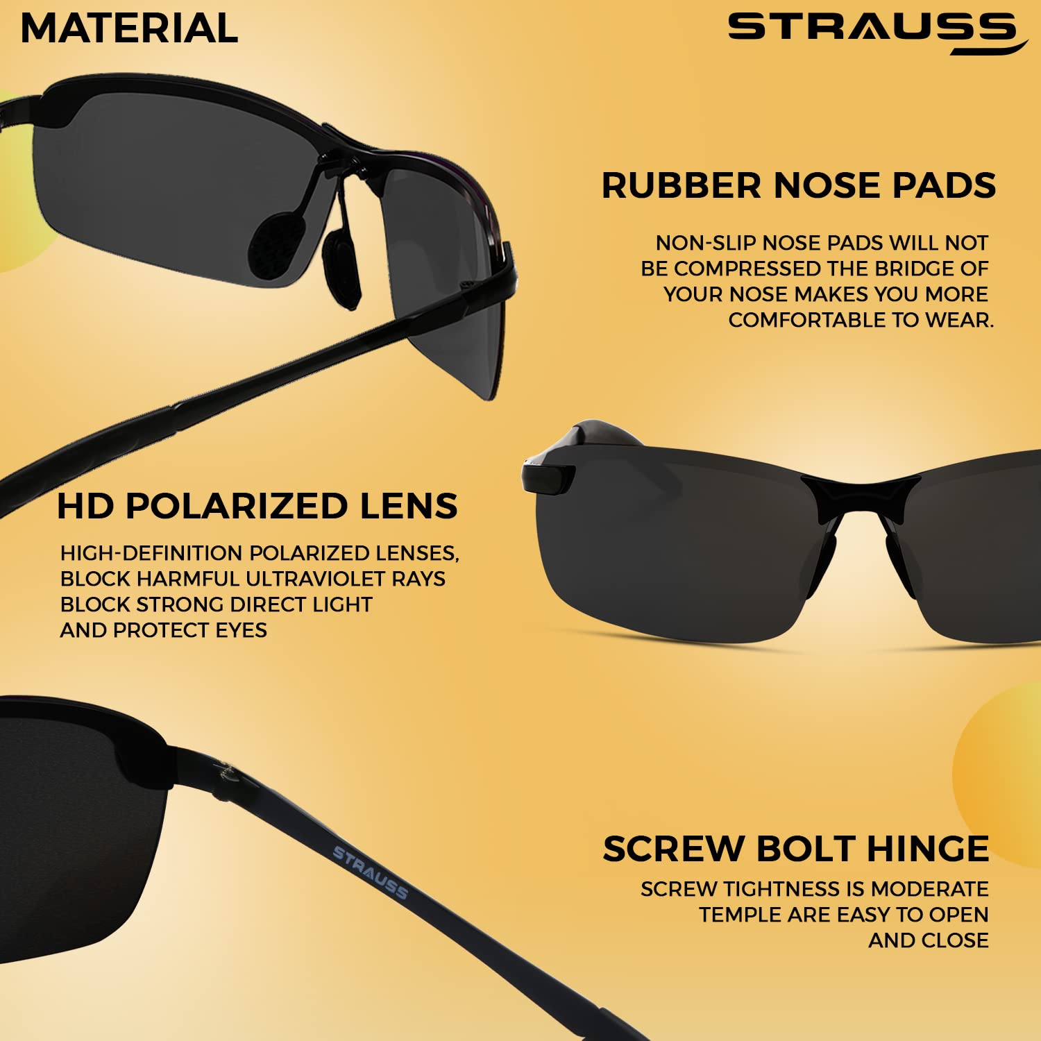 STRAUSS UV 400 Sunglasses, (Black) – StraussSport - Main Image