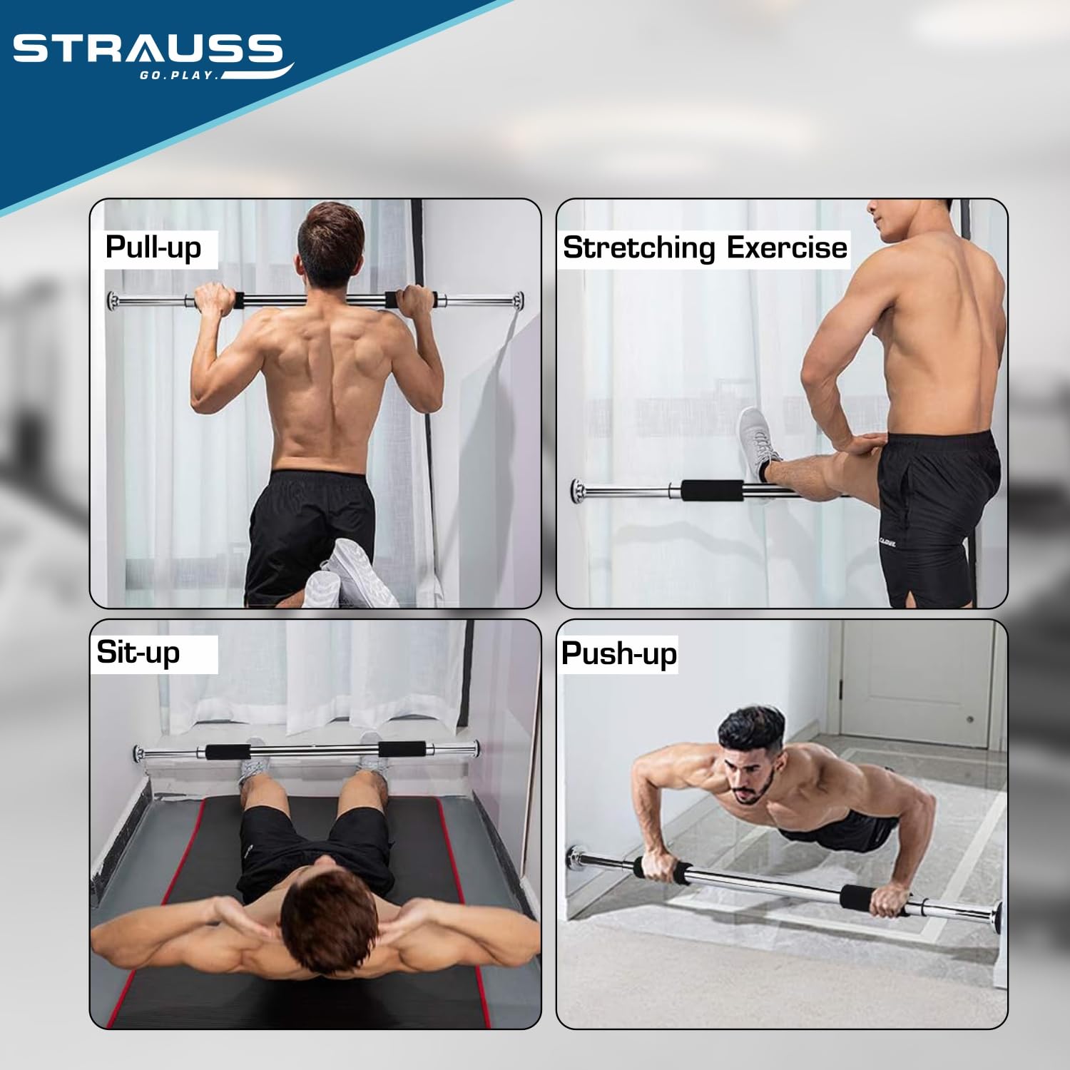 Strauss Chin Up Door Bar Pull Up Bars for Home Workout with Palm Pad and Anti-Skid Grip Door Way Adjustable Length Hanging Rod Hanging Bar for