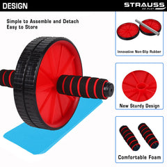 Strauss Double Wheel Ab & Exercise Roller | Anti-Skid Wheel Base, Non-Slip Stainless Steel Handles & Knee Mat | Ideal for Home, Gym workout for Abs, Tummy, (Red)