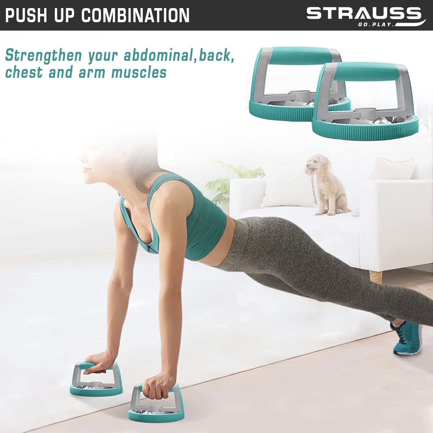 Strauss All-in-One Ab Roller with Push Up Bar Resistance Tube