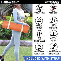 Strauss TPE Yoga Mat | Exercise Mat For Home Workout, Gym and Yoga Sessions | Anti Slip Gym Mat | Workout Mat For Men, Women and Kids | Yoga Mat With Carry Strap | Thickness: 6MM,(Orange)