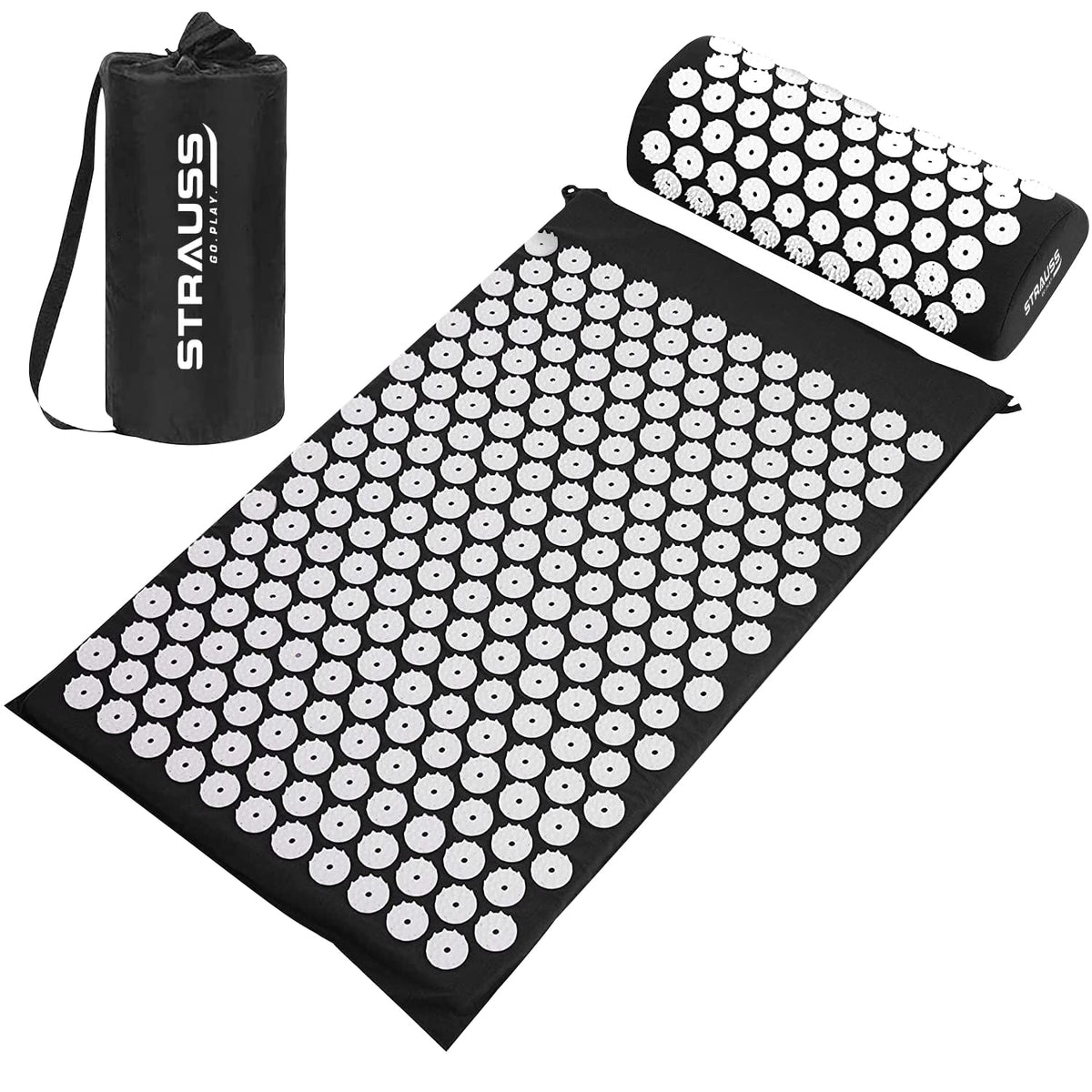 STRAUSS Pain Relief Acupressure Exercise Mat with Pillow|Yoga Acupuncture Mat for Trigger Point Therapy, Muscle Relaxation|Helps Cure Sciatica, Improve Blood Circulation |Comes with Carry Bag, (Black)