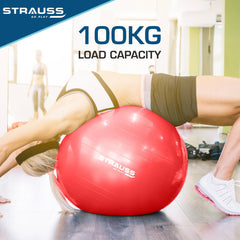 STRAUSS Anti-Burst Rubber Gym Ball with Free Foot Pump | Round Shape Swiss Ball for Exercise, Workout, Yoga, Pregnancy, Birthing, Balance & Stability, 65 cm, (Red)
