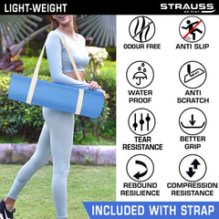 Strauss TPE Yoga Mat | Exercise Mat For Home Workout, Gym and Yoga Sessions | Anti Slip Gym Mat | Workout Mat For Men, Women and Kids | Yoga Mat With Carry Strap | Thickness: 4MM,(Sky Blue)