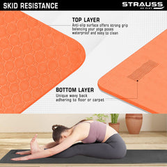 Strauss TPE Yoga Mat | Exercise Mat For Home Workout, Gym and Yoga Sessions | Anti Slip Gym Mat | Workout Mat For Men, Women and Kids | Yoga Mat With Carry Strap | Thickness: 6MM,(Orange)