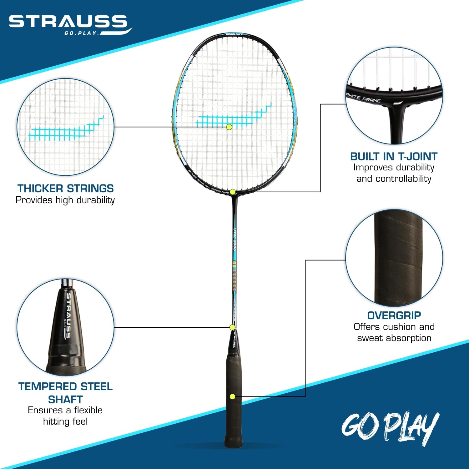 Strauss Pace-7000 - Badminton racquet with ergonomic grip