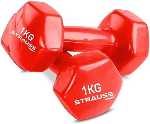 Strauss Premium Vinyl Dumbbells Weight for Men & Women | 5 Kg (Each) | 10 Kg (Pair) | Ideal for Home Workout, Yoga, Pilates, Gym Exercises | Non-Slip, Easy to Hold, Scratch Resistant (Red)