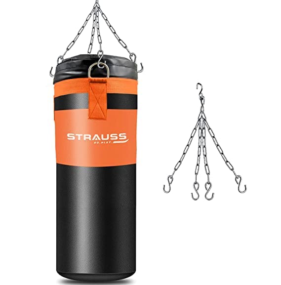 Strauss Canvas Heavy Duty Filled Gym Punching Bag | Comes with Hanging S Hook, Zippered Top Head Closure & Heavy Straps | 3 Feet, (Cream/Red)
