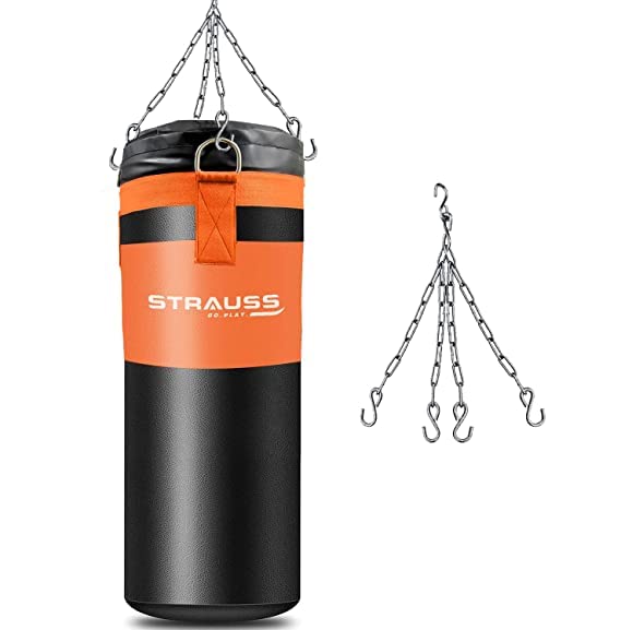 Strauss Heavy Duty PVD Leather Filled Gym Punching Bag | Comes with Hanging S Hook, Zippered Top Head Closure & Heavy Straps | 4 Feet, (Black/Orange)