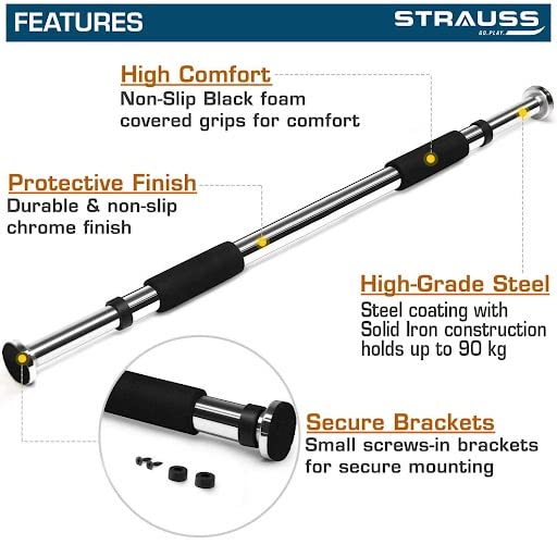 Strauss Adjustable Pull Up/Chin Up Door Bar | Heavy Duty Steel Coating with Solid Iron Construction | Superior Safety with Comfortable Grips & Easy Installation | Max Weight Upto 90 Kgs (Black/Silver)