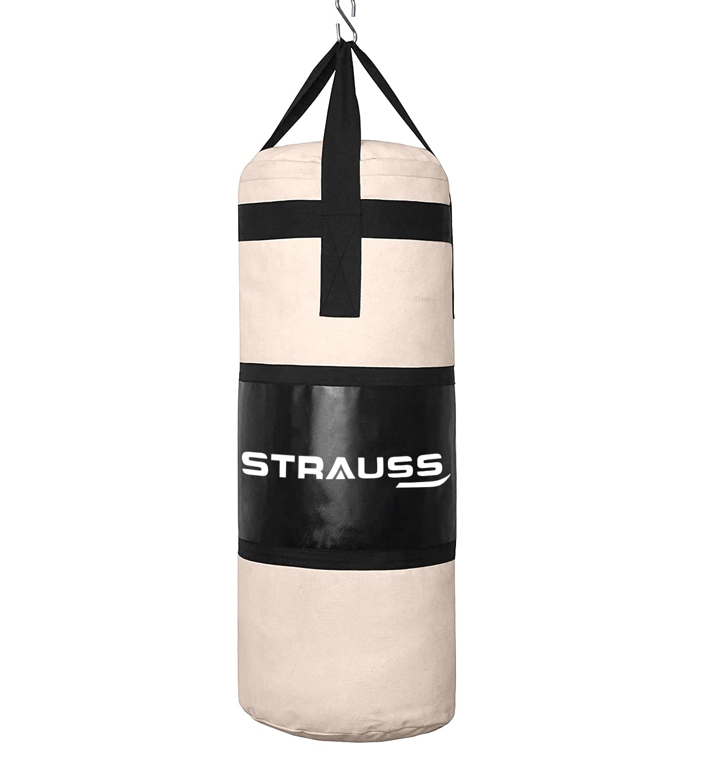 Strauss Canvas Heavy Duty Filled Gym Punching Bag | Comes with Hanging S Hook, Zippered Top Head Closure & Heavy Straps | 2 Feet, (Cream/Black)