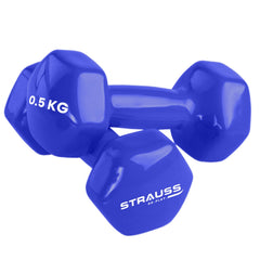 Strauss Premium Vinyl Dumbbells Weight for Men & Women | 0.5 Kg (Each) | 1 Kg (Pair) | Ideal for Home Workout, Yoga, Pilates, Gym Exercises | Non-Slip, Easy to Hold, Scratch Resistant (Blue)