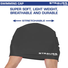 Strauss Swimming Cap | Keeps Hair Clean with Ear Protector | Suitable for Long and Short Hair | Swimming Head Cap with Breathable Fabric | Waterproof Swim Cap for Adult, Woman and Men,(Black)