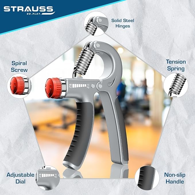 Strauss Adjustable Hand Grip | Adjustable Resistance (10KG - 40KG) | Hand Gripper for Home & Gym Workouts | Perfect for Finger & Forearm Hand Exercises for Men & Women (Black/Grey) | Pack of 4