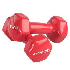 Strauss Premium Vinyl Dumbbells Weight for Men & Women | 3 Kg (Each) | 6 Kg (Pair) | Ideal for Home Workout, Yoga, Pilates, Gym Exercises | Non-Slip, Easy to Hold, Scratch Resistant (Red)