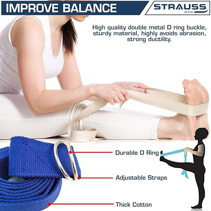Strauss Yoga Strap & Stretching Belt | Ideal for Yoga, Pilates, Therapy, Dance, Gymnastics & Flexibility | 60% Thicker Belt with Extra Safe Adjustable Metal D-Ring Buckle|8 feet (Blue) | Pack of 10