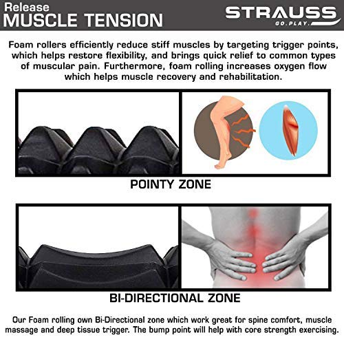 Strauss ST-1441 Grid Foam Roller (Black), 33 CM and Acupressure Massage Ball, (Blue)