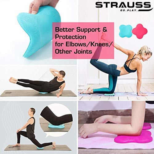 Strauss Yoga Knee Pad Cushions Pair, (Pink), Double Exercise Wheel (Blue)