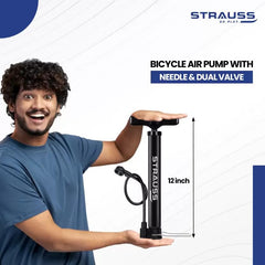 Strauss Bicycle Air Pump with Needle & Dual Valve | Portable Pump with 2 Modes, Ideal for Inflating Bicycle, Swimming Rings | Sturdy Base & Ergonomic Handle (Grey)