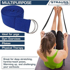 Strauss Yoga Strap & Stretching Belt | Ideal for Yoga, Pilates, Therapy, Dance, Gymnastics & Flexibility | 60% Thicker Belt with Extra Safe Adjustable Metal D-Ring Buckle | 8 feet (Blue) | Pack of 6