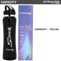STRAUSS Spark Stainless-Steel Bottle, Metal Finish, 750 ml, (Black)