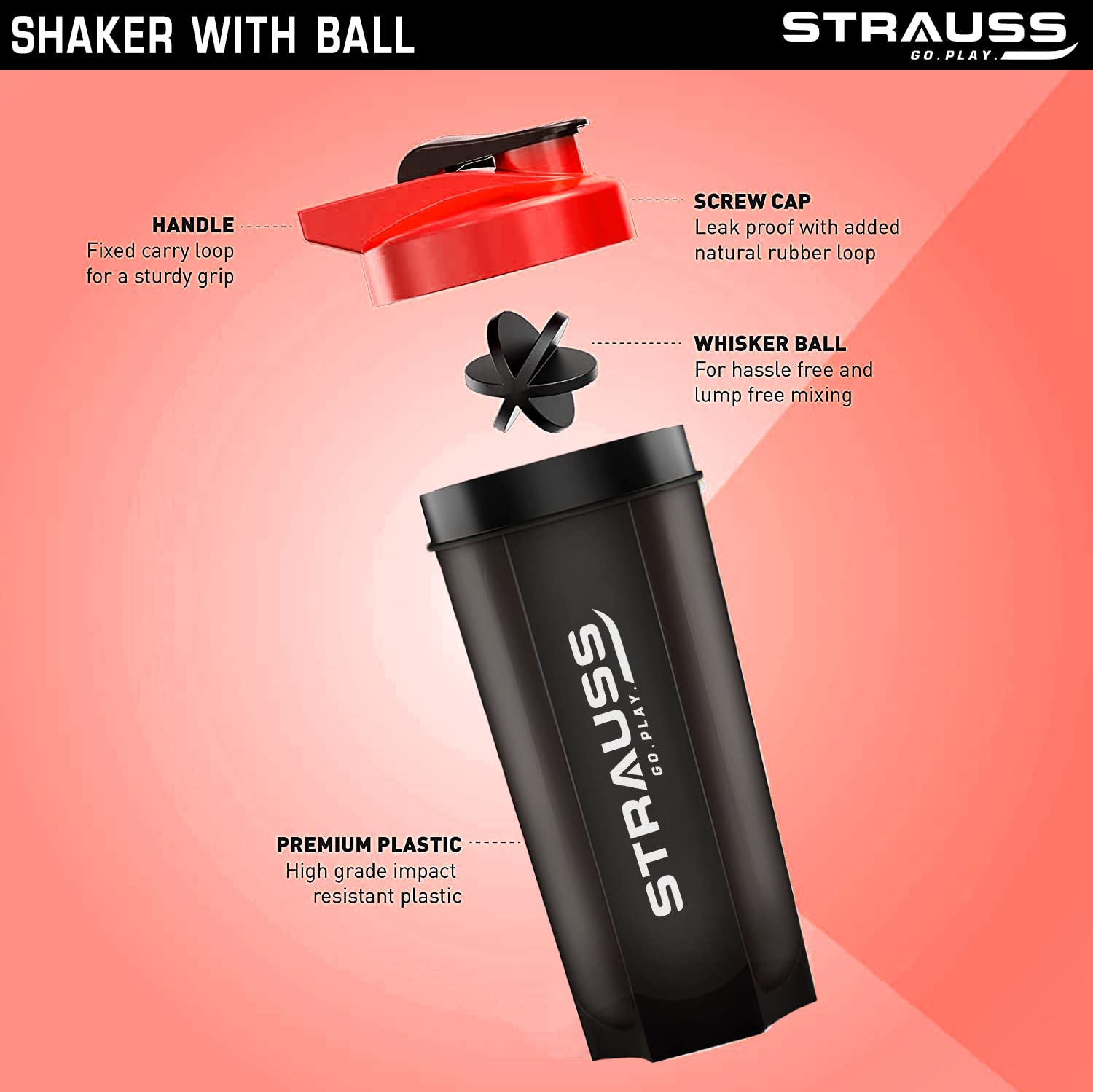 STRAUSS New Recharge Shaker Bottle, (Black/Red)