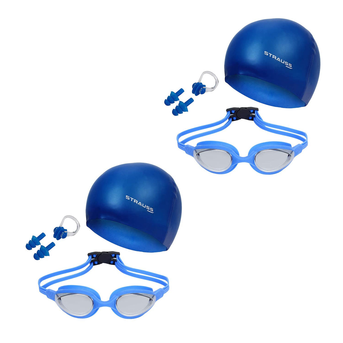 STRAUSS Swimming Kit (Silicone cap|Swimming Goggle|Earplugs|Noseplug) (Blue) (Pack of 2)