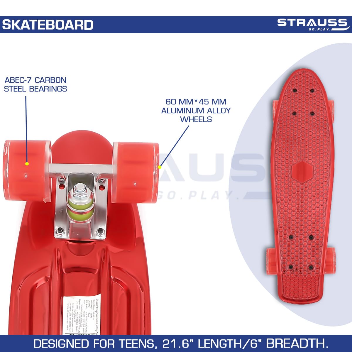 STRAUSS Cruiser Skateboard| Penny Skateboard | Casterboard | Hoverboard | Anti-Skid Board with ABEC-7 High Precision Bearings | PU Wheel with Light |Ideal for All Skill Level | 21.6 X 6 Inch,(Orange)