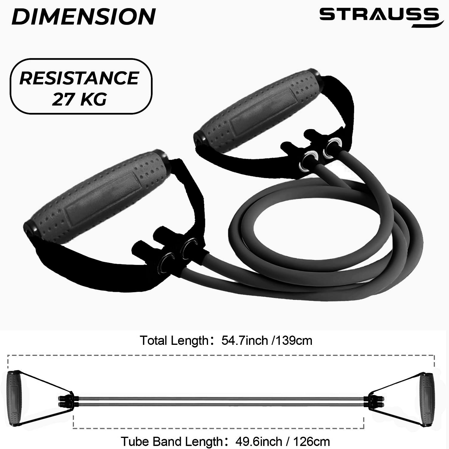 Strauss Double Resistance Tube with PVC Handles, Door Knob & Carry Bag, 27 Kg, (Black)