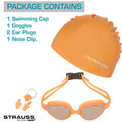 STRAUSS Swimming Goggles Set with UV and Anti Fog Protection | Swimming Kit of Goggles,Cap,Earplug & Nose Plug Set - Ideal for All Age Group | Fully Adjustable | (Orange)