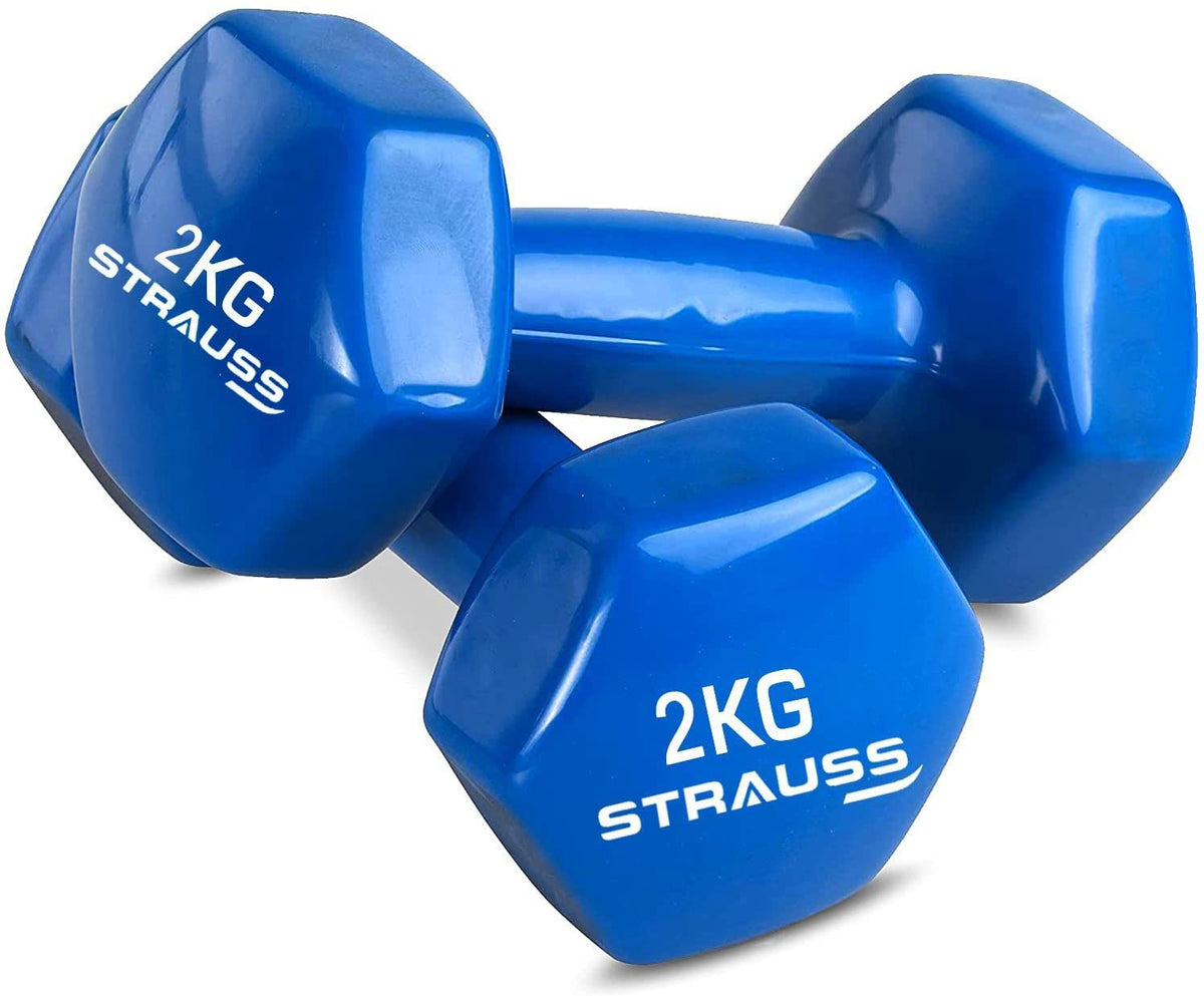 Strauss Unisex Vinyl Dumbbells Weight for Men & Women | 2Kg (Each)| 4Kg (Pair) | Ideal for Home Workout and Gym Exercises (Blue)