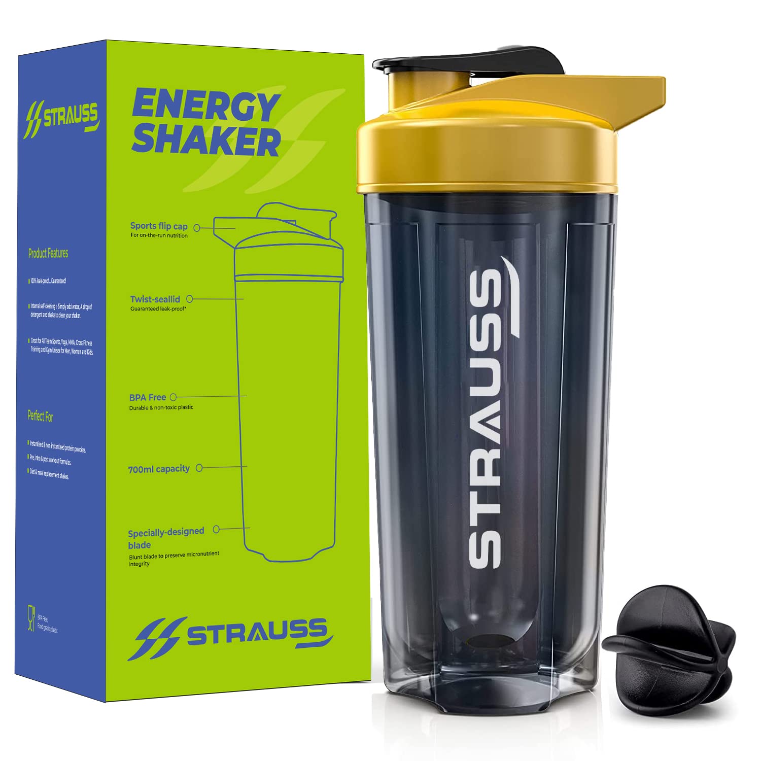 STRAUSS Energy Shaker Bottle, Black Shade, (Orange)