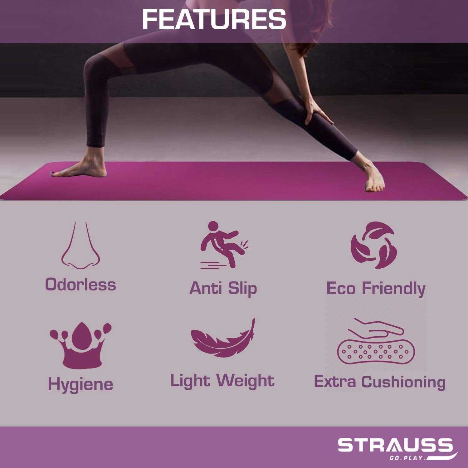 Strauss TPE Eco Friendly Dual Layer Yoga Mat, 6 mm (Pink) and Yoga Mat Strap, (Purple)