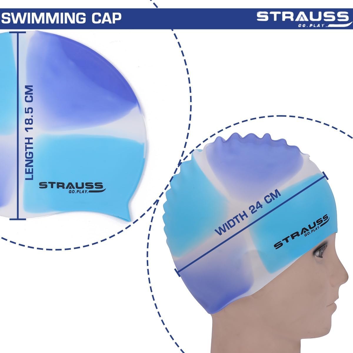 Strauss Latest Designed Swimming Cap | Keeps Hair Clean with Ear Protector | Suitable for Long and Short Hair | Swimming Head Cap with Breathable Fabric | Swim Cap for Adult,(Multicolor Blue)