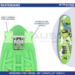 STRAUSS Cruiser Fishboard | Penny Skateboard | Casterboard | Hoverboard | Anti-Skid Board with ABEC-7 High Precision Bearings | PU Wheel with Light |Ideal for All Skill Level (28 X 6 Inch), (Vibrant Green)