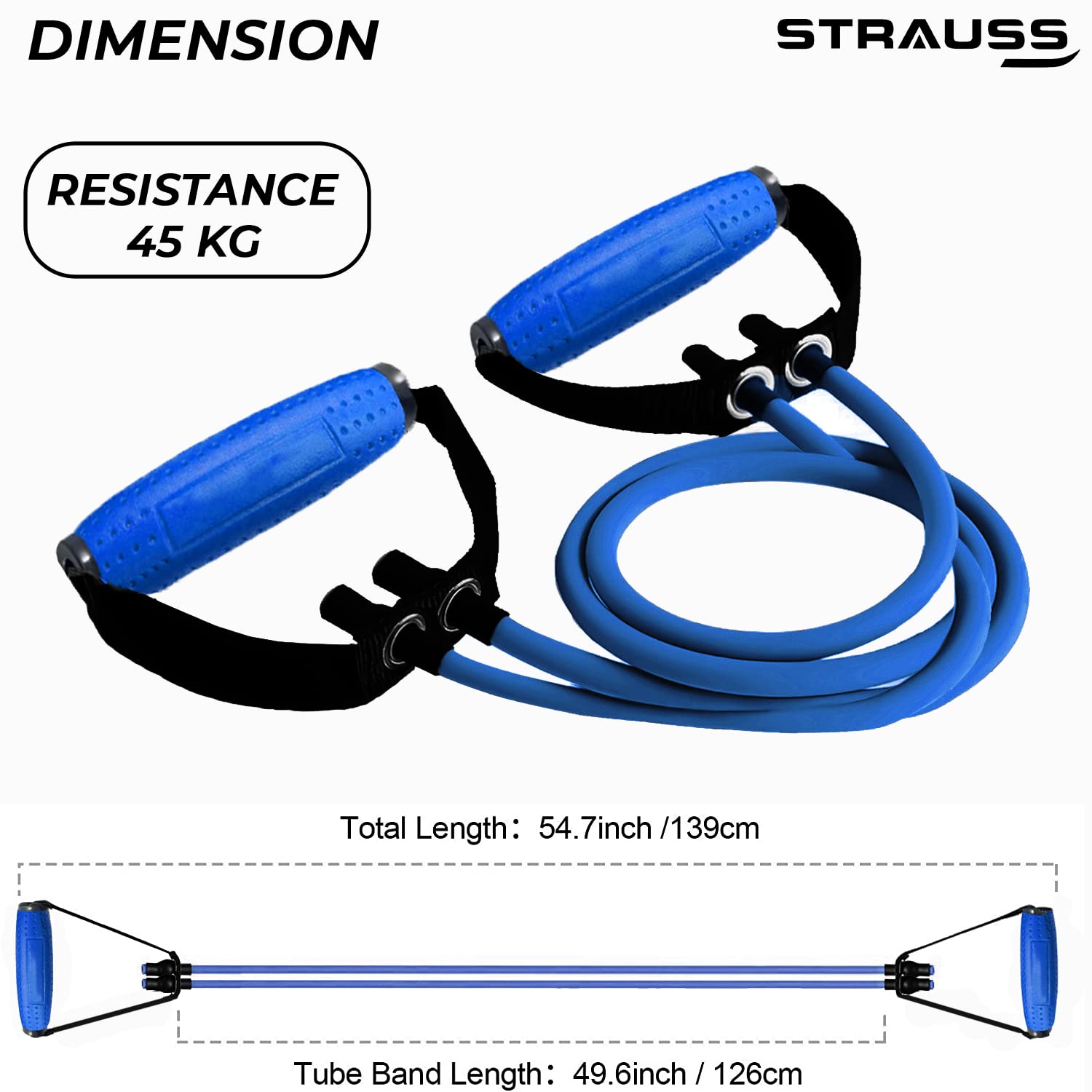 Strauss Double Resistance Tube with PVC Handles, Door Knob & Carry Bag, 45 Kg, (Blue)