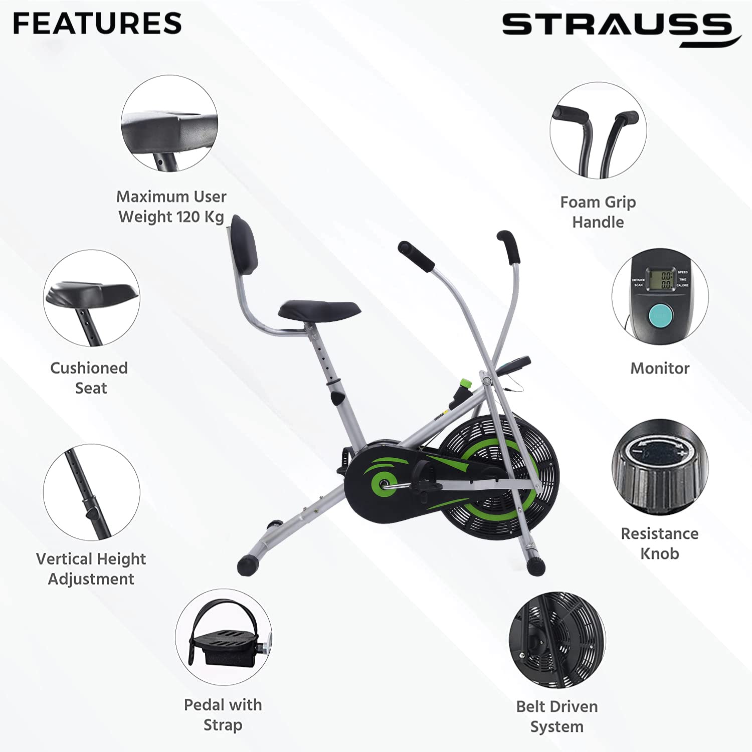 Strauss Air Bike Exercise Cycle with Moving or Stationary Handle | Side Handle for Support | Adjustable Resistance with Cushioned Seat | Fitness Cycle for Home Gym (Back Support, (Green))