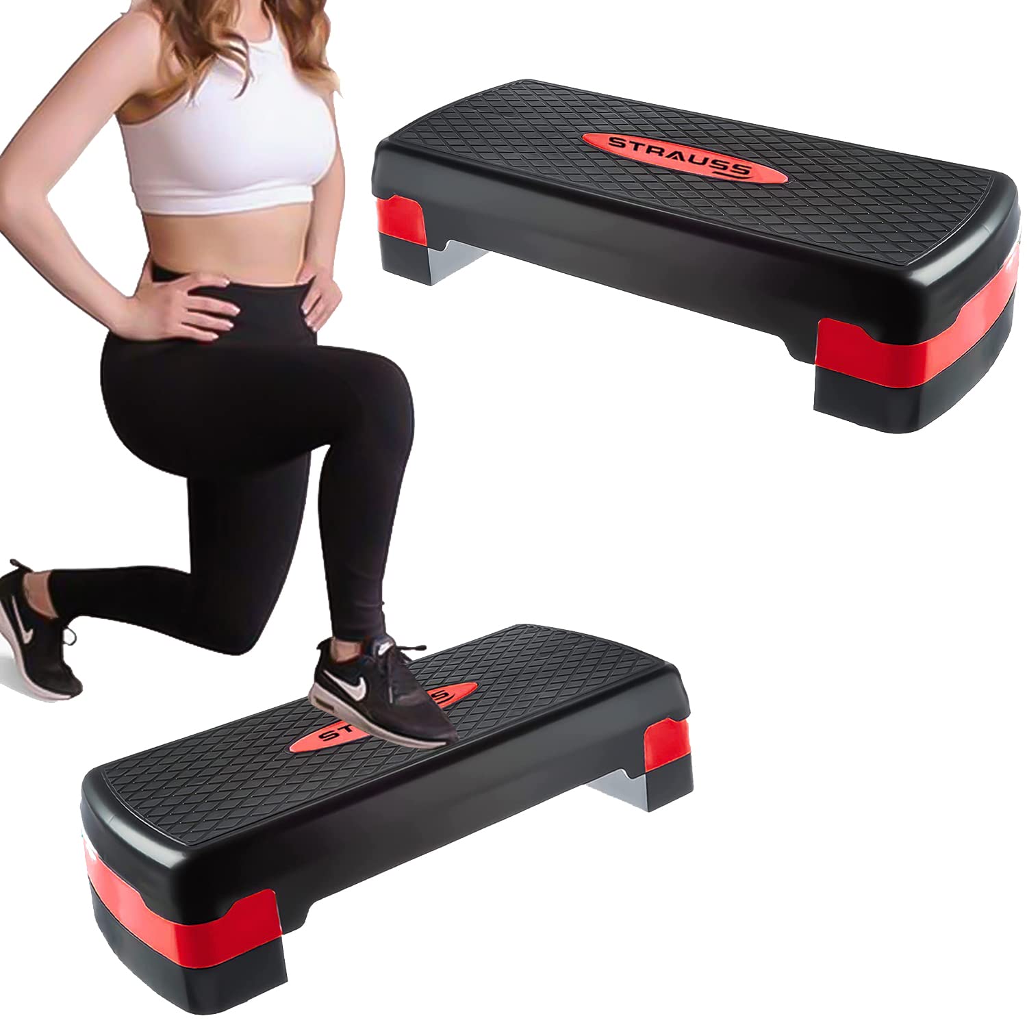 Strauss Aerobic Stepper | Two Height Level Adjustments - 4 inches and 6 inches | Slip-Resistant & Shock Absorbing Platform for Extra-Durability - Supports Upto 200 KG, (Red)