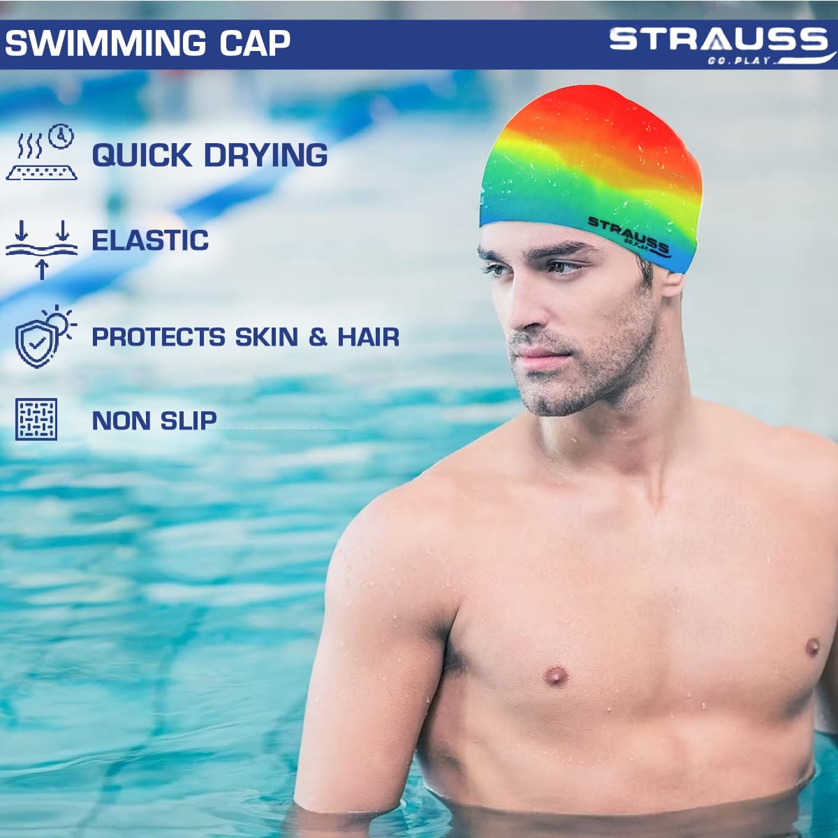 Strauss Latest Designed Swimming Cap | Suitable for Long and Short Hair | Swimming Head Cap with Breathable Fabric | Waterproof Swim Cap for Adult, Woman and Men,(Mix Color)