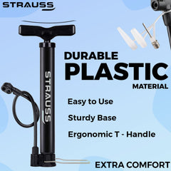 Strauss Bicycle Air Pump with Needle & Dual Valve | Portable Pump with 2 Modes, Ideal for Inflating Bicycle, Swimming Rings | Sturdy Base & Ergonomic Handle (Grey)