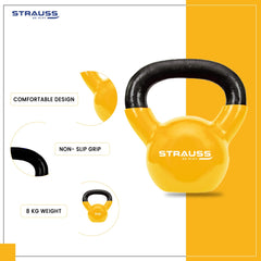 Strauss Premium Vinyl Kettlebell Weight for Men & Women | 8 Kg | Ideal for Home Workout, Yoga, Pilates, Gym Exercises | Non-Slip, Easy to Hold, Scratch Resistant (Yellow)