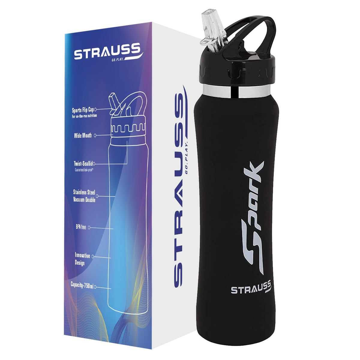 STRAUSS Spark Stainless-Steel Bottle | Leak-Proof Water Bottle | Water Bottle for Travel, Hiking, Trekking, Home, Office & School | Non-Toxic & BPA Free Steel Bottles | 750 ml,(Rubber Finish Black)