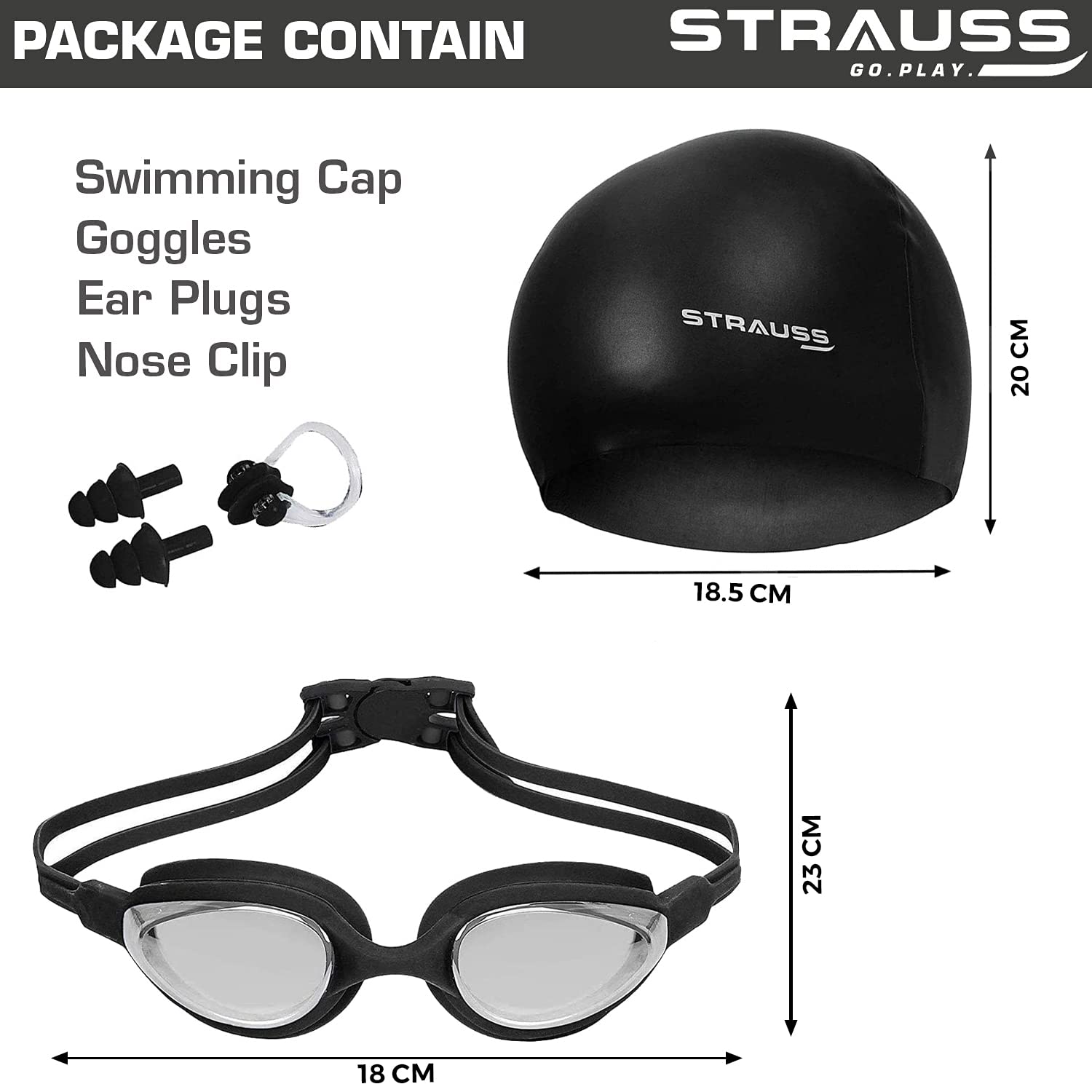 STRAUSS Swimming Goggles Set with UV and Anti Fog Protection | Swimming Kit of Goggles,Cap,Earplug & Nose Plug Set - Ideal for All Age Group | Fully Adjustable | (Black)