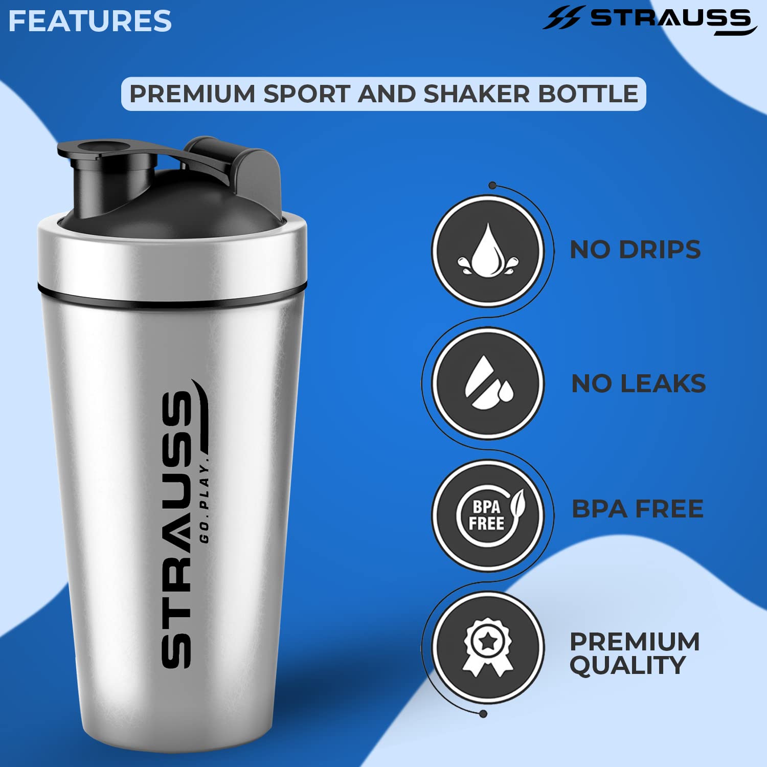 Portable Stainless Steel Protein Shaker Bottle 700ml for Gym/Camping,Silver